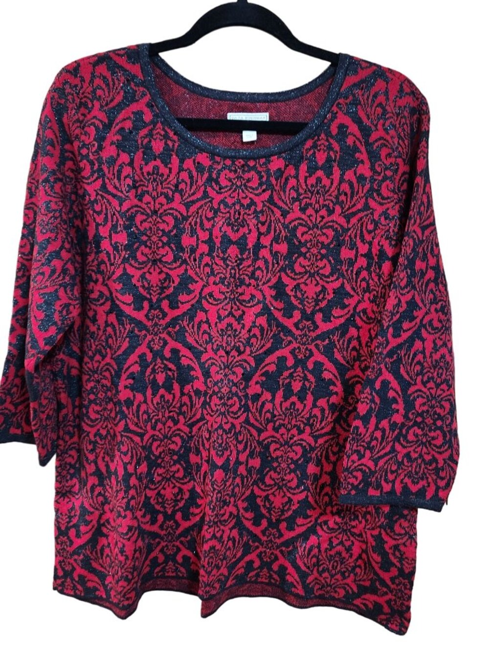 Dana Buchman Metallic Red/ Black Print 3/4 Sleeve Top Women's Size XL